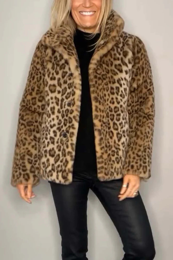 Winter New Women's Fashionable Leopard Print Lapel Faux Leather Woolen Top Viralgem Store