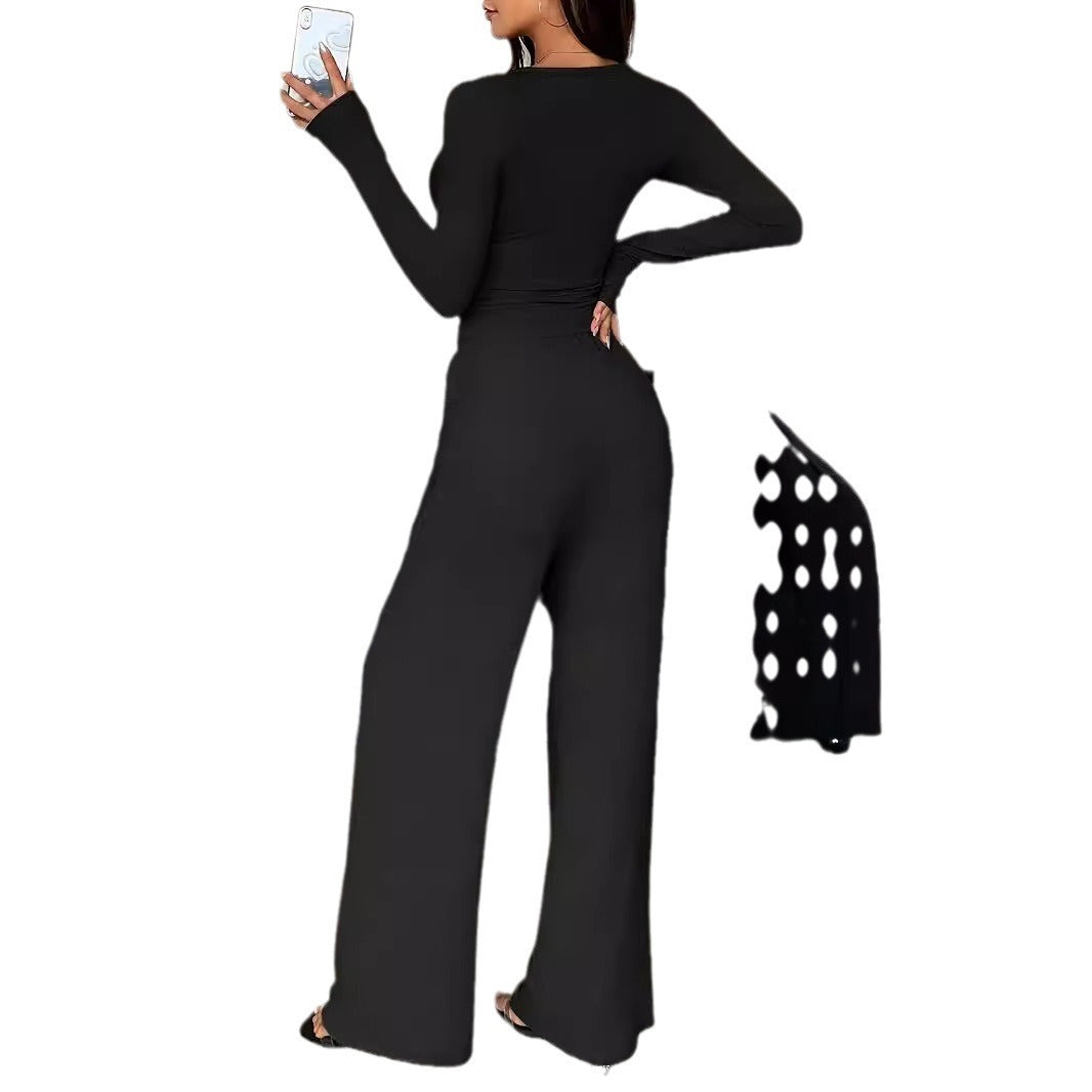 Women's Long-sleeved Button-up Solid Color Top And Trousers Two-piece Suit Viralgem Store