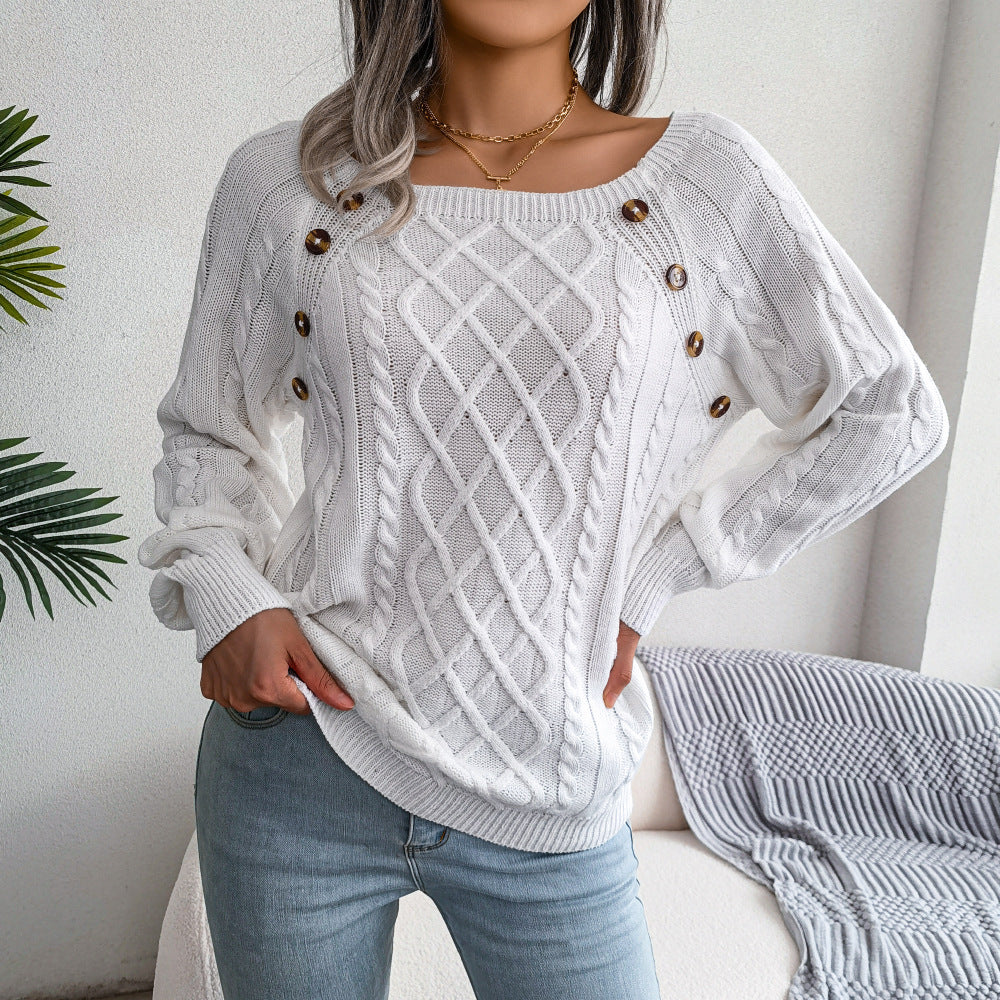 Square Neck Knitted Sweater With Button Design Winter Warm Long Sleeve Tops Women's Clothing Viralgem Store