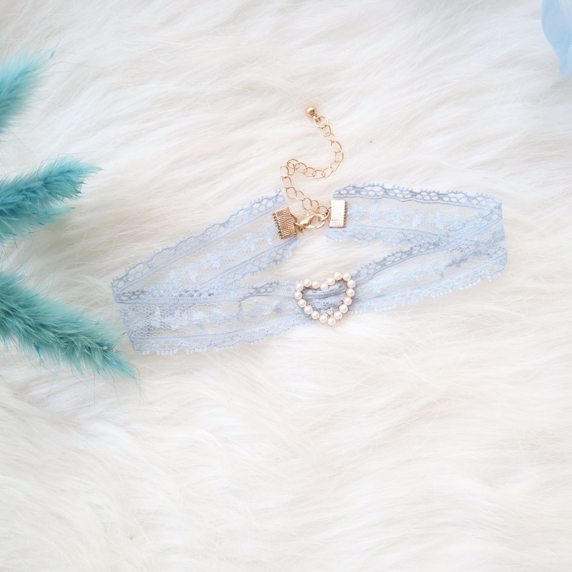 Sweet Accessory Gray Blue Lace Ribbon Pearl Choker Necklace Viralgem Store