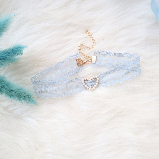 Sweet Accessory Gray Blue Lace Ribbon Pearl Choker Necklace Viralgem Store