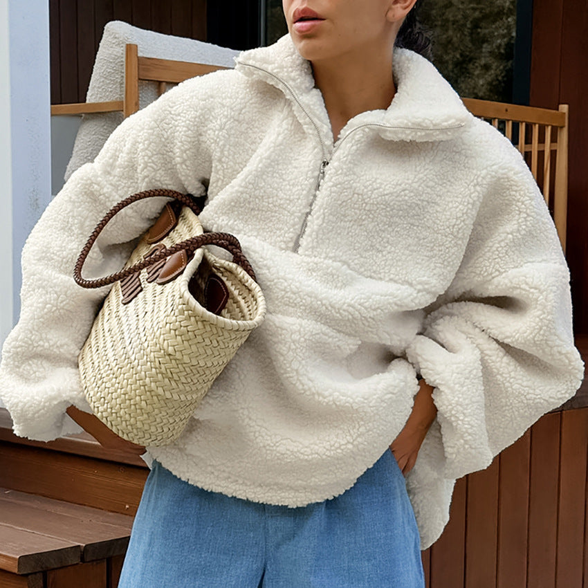 Stand Collar Beige Fleece Sweatshirt Viralgem Store