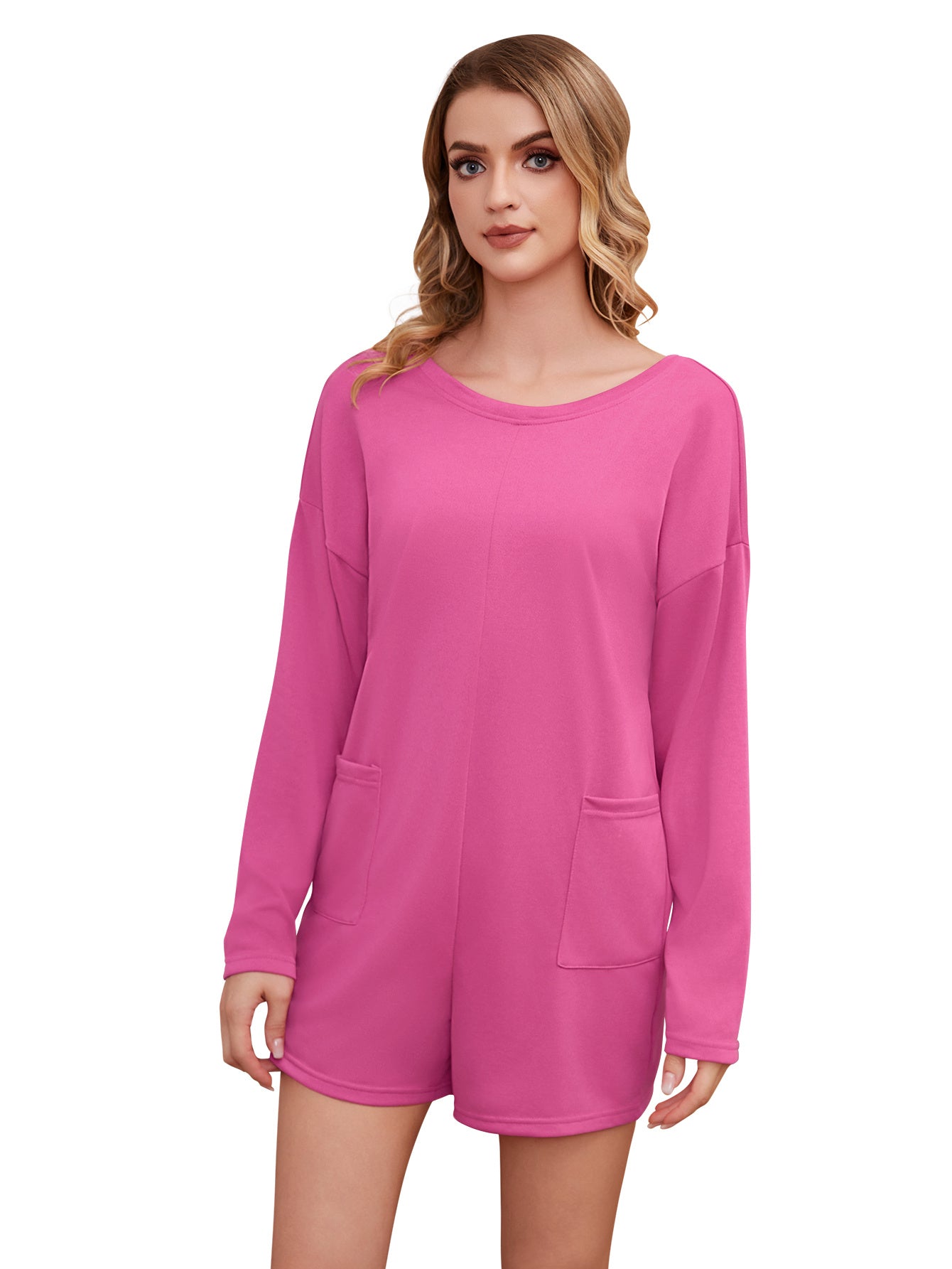 Women's Long Sleeved Solid Color Jumpsuit Shorts