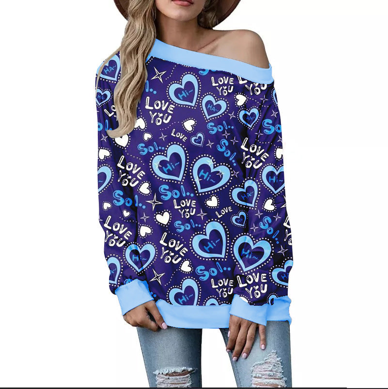 Women's Valentine's Day Pattern Printed Long Sleeve Loose Shoulder Sweater Viralgem Store