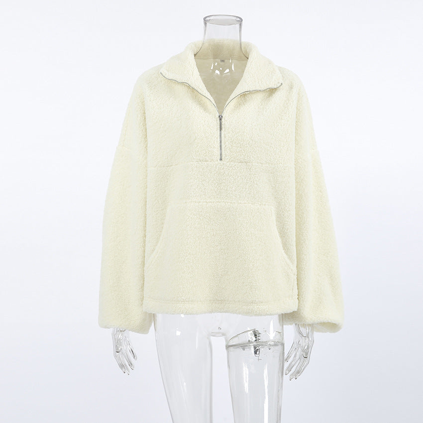 Stand Collar Beige Fleece Sweatshirt Viralgem Store