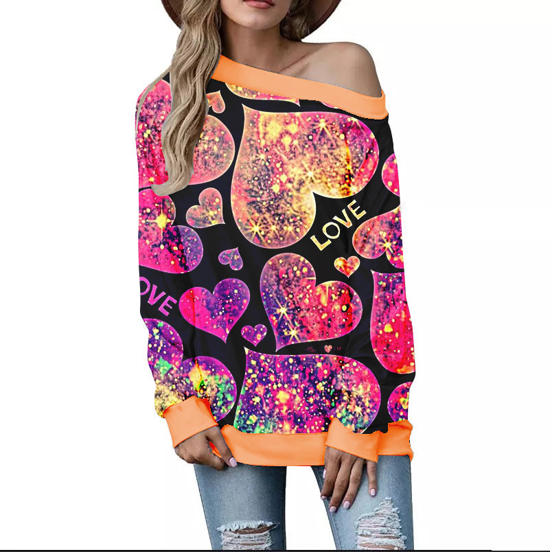 Women's Valentine's Day Pattern Printed Long Sleeve Loose Shoulder Sweater Viralgem Store