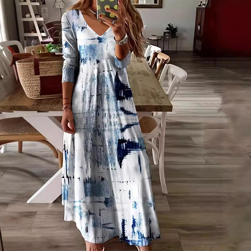 Temperament Printed Long Sleeve Big Hem Women's Dress Viralgem Store