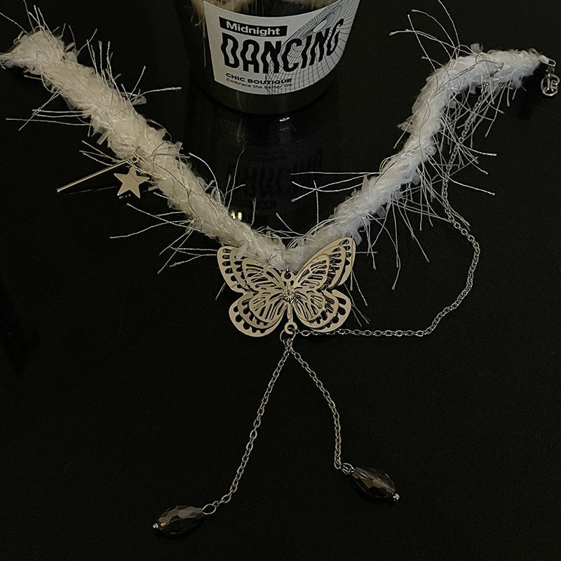 White Plush Choker Butterfly Water Drop Tassel Necklace Viralgem Store