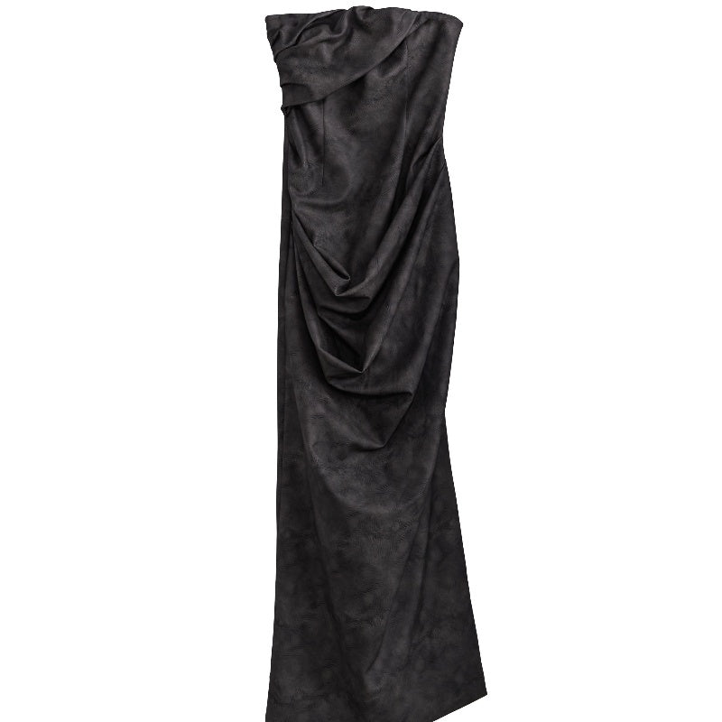 Stand Cut A Sense Of Sculpture Smoked Ink Dyed PU Leather Halter Strapless Dress
