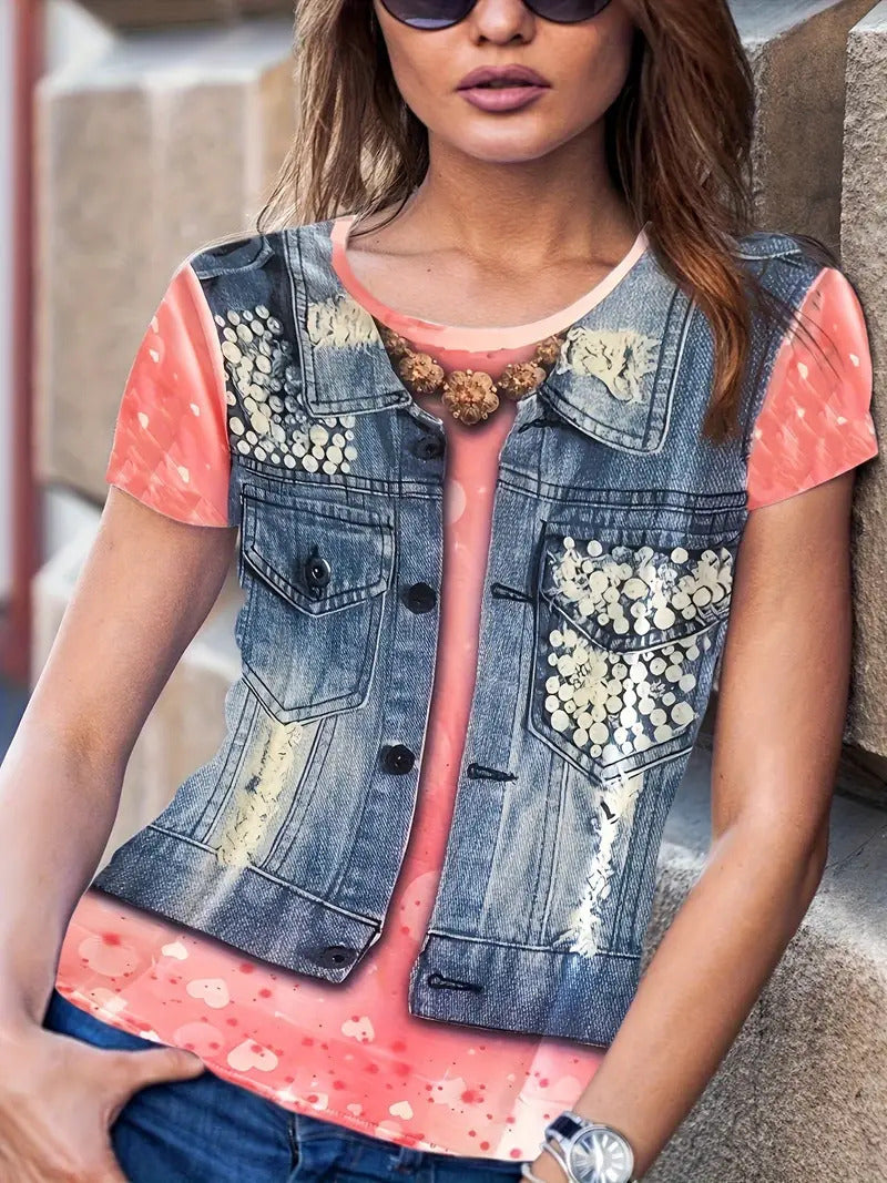 Summer Fake Denim Women's Short Sleeve