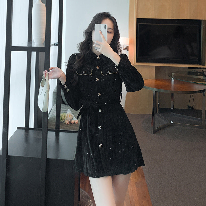 Spring New Light Luxury High Sense Retro Waist-controlled Slimming Small Corduroy Dress Viralgem Store