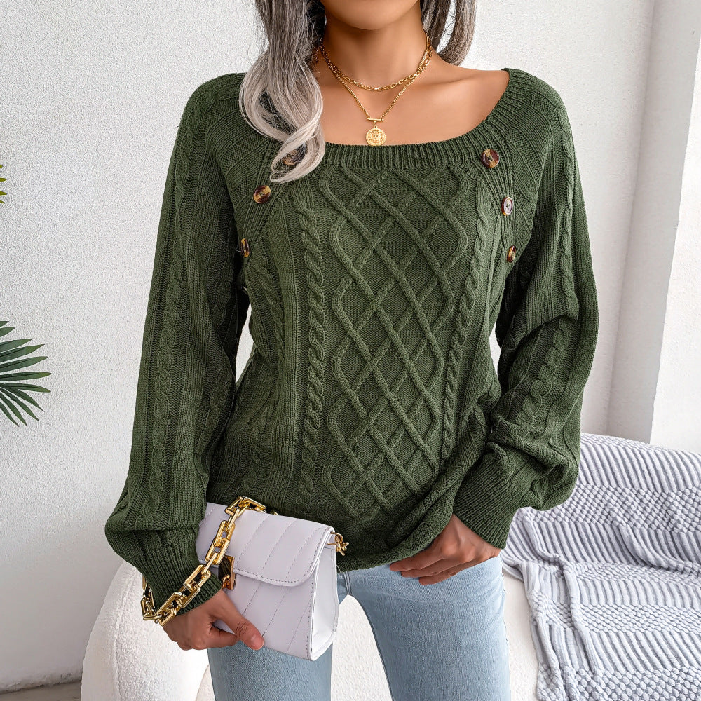 Square Neck Knitted Sweater With Button Design Winter Warm Long Sleeve Tops Women's Clothing Viralgem Store