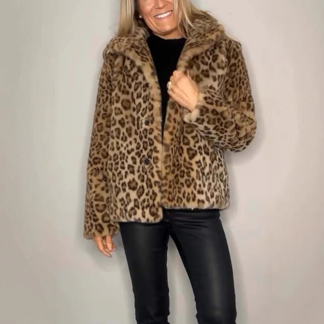 Winter New Women's Fashionable Leopard Print Lapel Faux Leather Woolen Top Viralgem Store