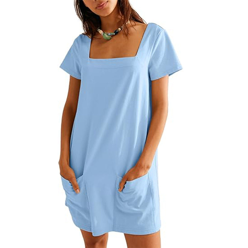 Women's Square Collar Short Sleeve Fashion Pocket Dress