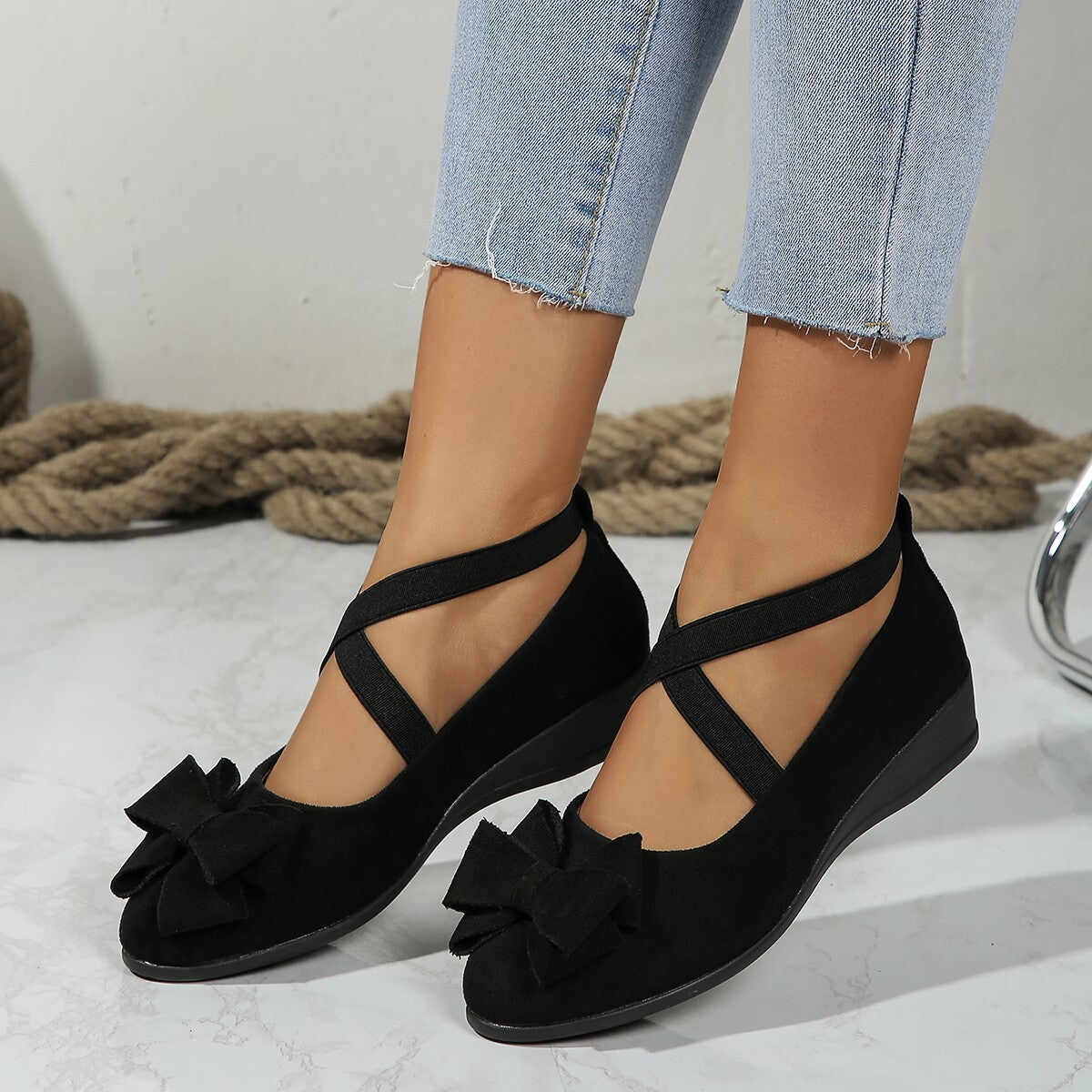 Suede Bow Cross Elastic Band Wedge Oversized Shoes Viralgem Store