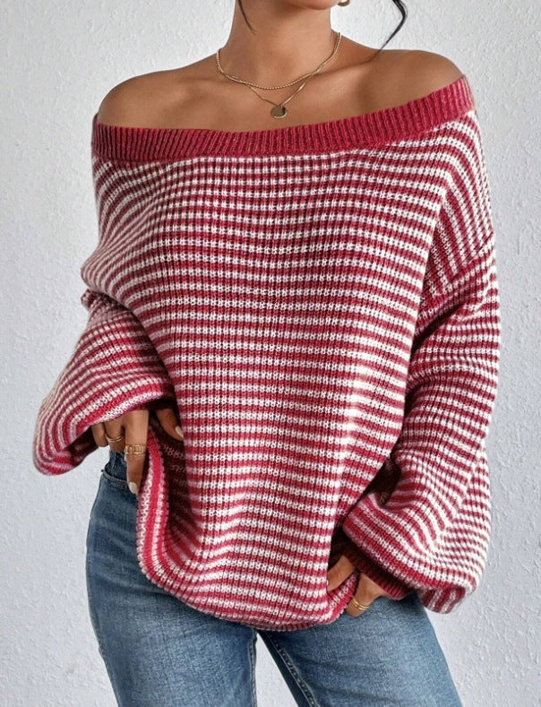 Women's Off-neck Shoulder-baring Sweater Contrast Color Viralgem Store