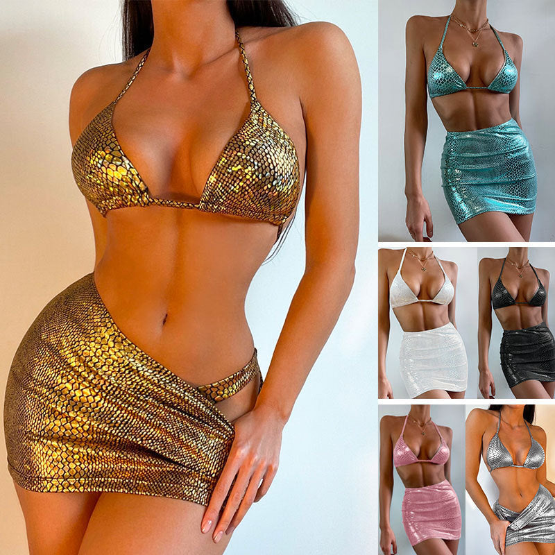 Women's 3 Piece Bathing Suits Halter Snake Pattern Bikini Set With Cover Up Skirt Summer Swimsuit Viralgem Store