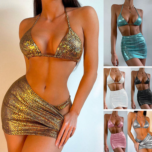 Women's 3 Piece Bathing Suits Halter Snake Pattern Bikini Set With Cover Up Skirt Summer Swimsuit Viralgem Store