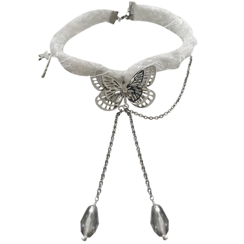 White Plush Choker Butterfly Water Drop Tassel Necklace Viralgem Store
