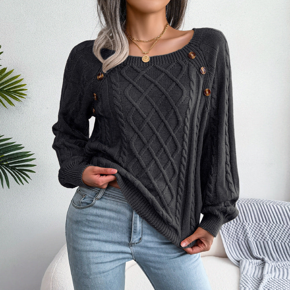 Square Neck Knitted Sweater With Button Design Winter Warm Long Sleeve Tops Women's Clothing Viralgem Store