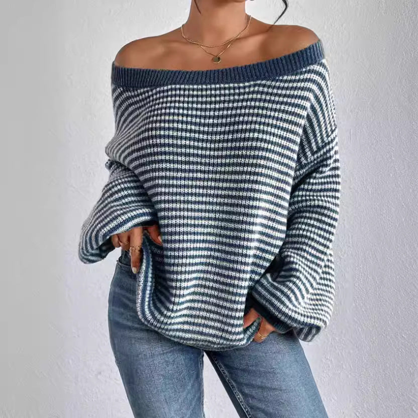 Women's Off-neck Shoulder-baring Sweater Contrast Color Viralgem Store
