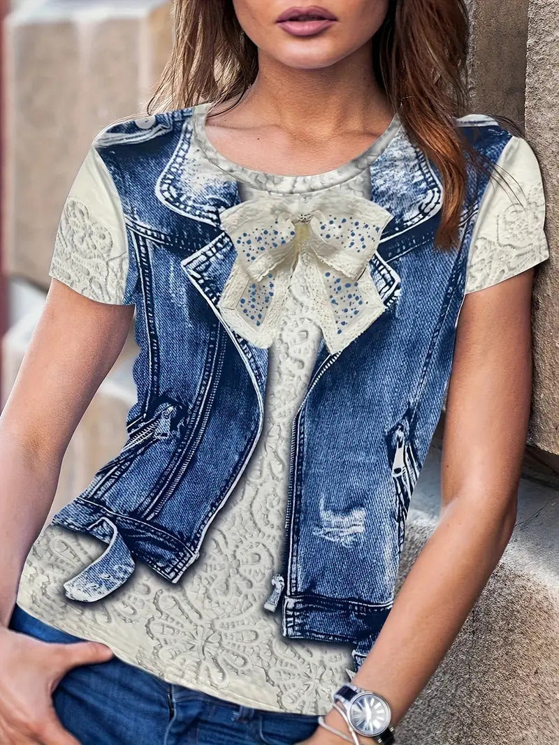 Summer Fake Denim Women's Short Sleeve