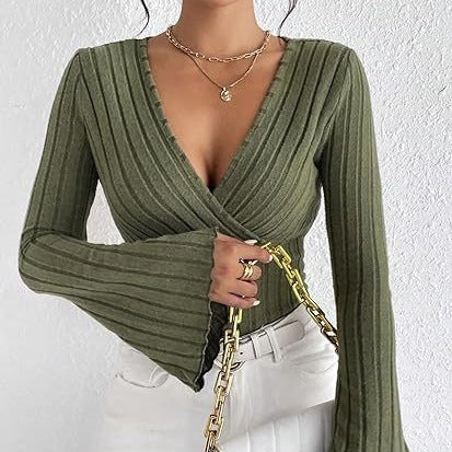 Women's Autumn And Winter Rib Sunken Stripe V-neck Slim-fit Long Sleeve T-shirt Women's Top Viralgem Store