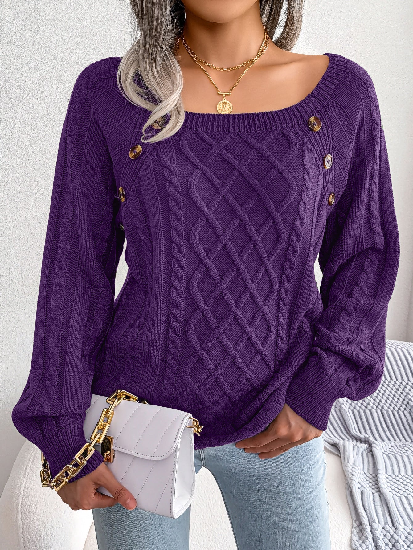 Square Neck Knitted Sweater With Button Design Winter Warm Long Sleeve Tops Women's Clothing Viralgem Store