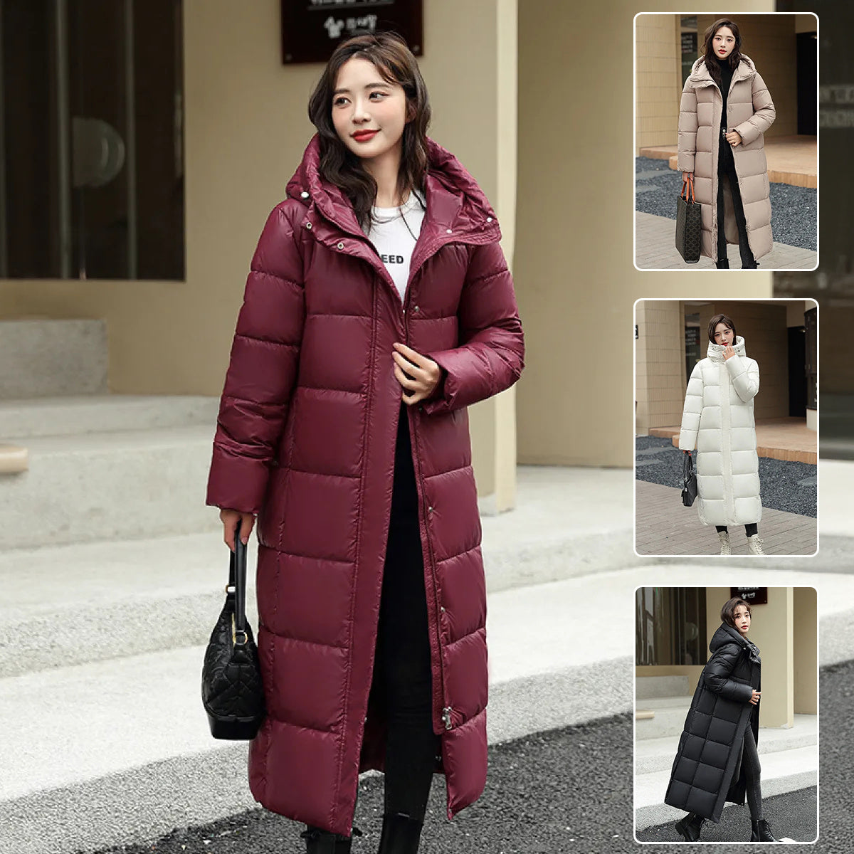 Women's Super Long Down Jacket Winter Puffer Thick Coat Black Red Hooded Zipper Keep Warm Fall Winter Casual Clothes Viralgem Store