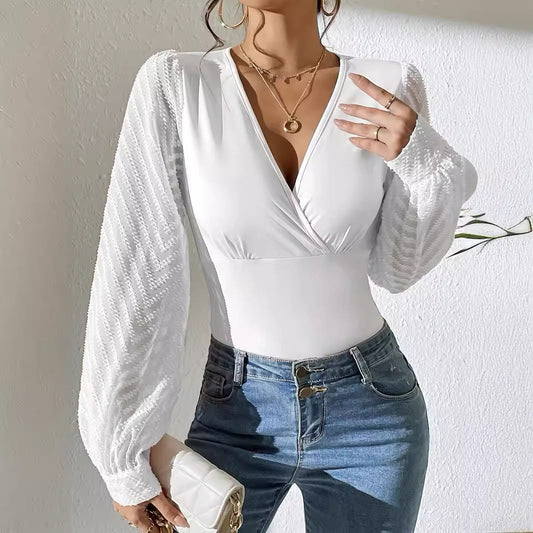 Women's Chiffon Stitching Solid Color Knitted Deep V Long Sleeve Top Viralgem Store