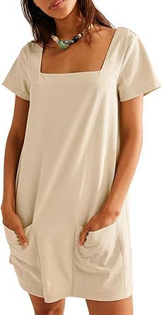 Women's Square Collar Short Sleeve Fashion Pocket Dress
