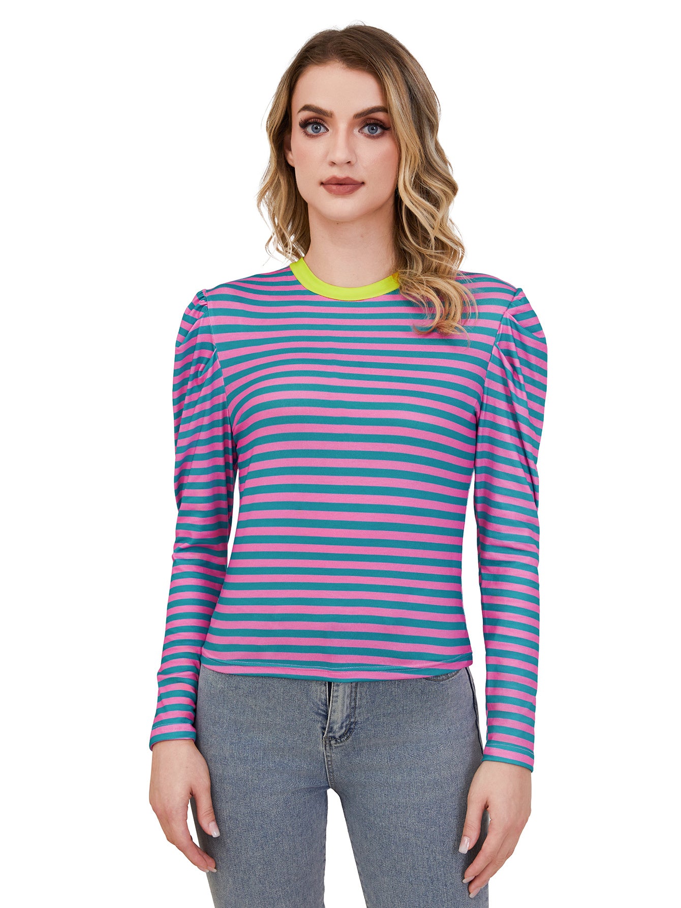 Women's Long Sleeved Striped Round Neck  Top