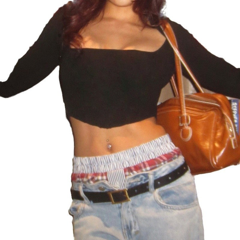 Square Collar Sexy Short Furry Long-sleeved T-shirt Solid Color Off Navel Knitted Top Viralgem Store