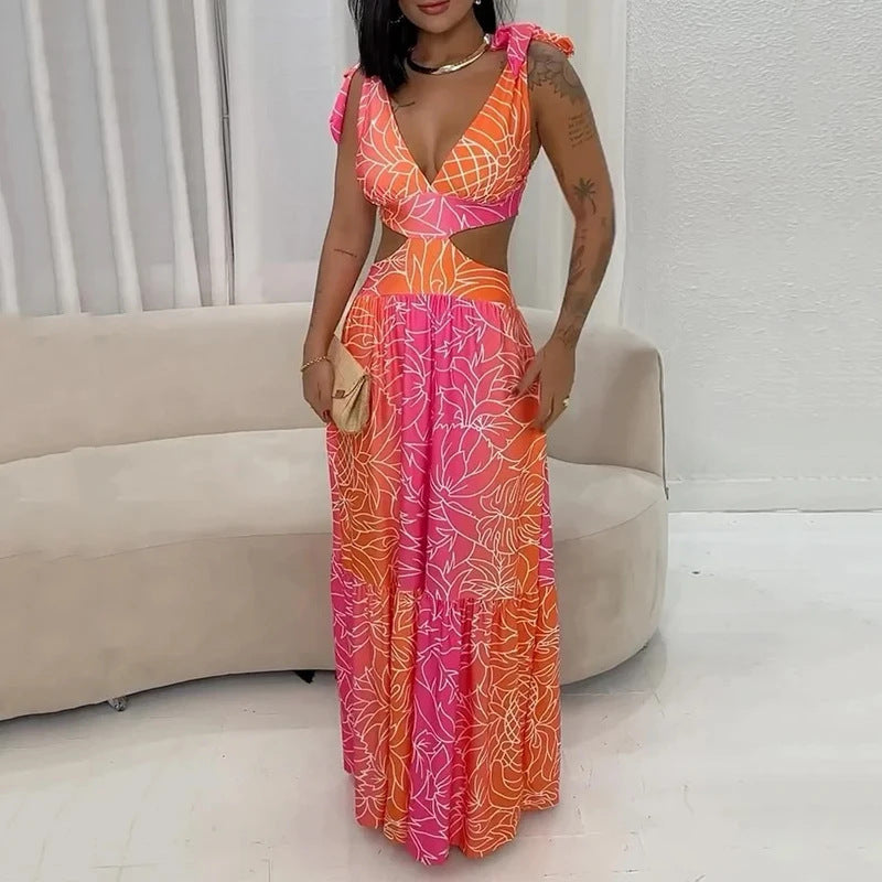 V-neck Hollow Out Stitching Sexy Vacation Long Dress Viralgem Store