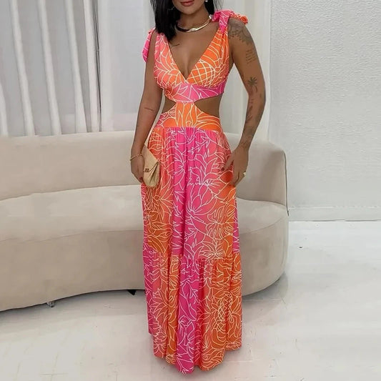 V-neck Hollow Out Stitching Sexy Vacation Long Dress Viralgem Store