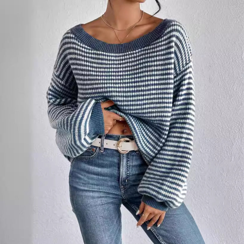 Women's Off-neck Shoulder-baring Sweater Contrast Color Viralgem Store
