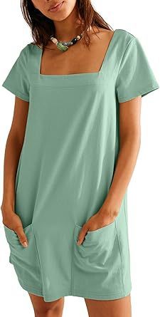 Women's Square Collar Short Sleeve Fashion Pocket Dress