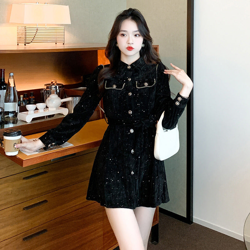 Spring New Light Luxury High Sense Retro Waist-controlled Slimming Small Corduroy Dress Viralgem Store