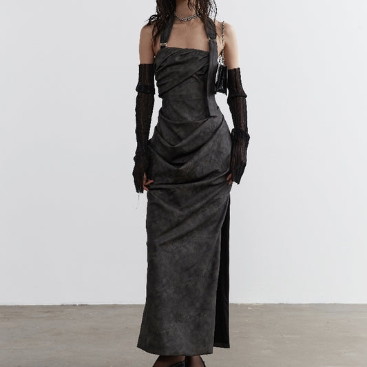 Stand Cut A Sense Of Sculpture Smoked Ink Dyed PU Leather Halter Strapless Dress