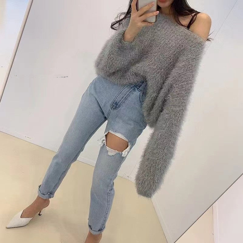 Women's Round Neck Pullover Puff Sleeve Sweater Younger Knitwear Outer Wear Viralgem Store