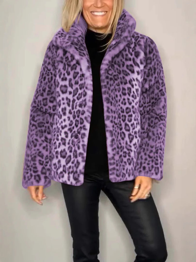 Winter New Women's Fashionable Leopard Print Lapel Faux Leather Woolen Top Viralgem Store