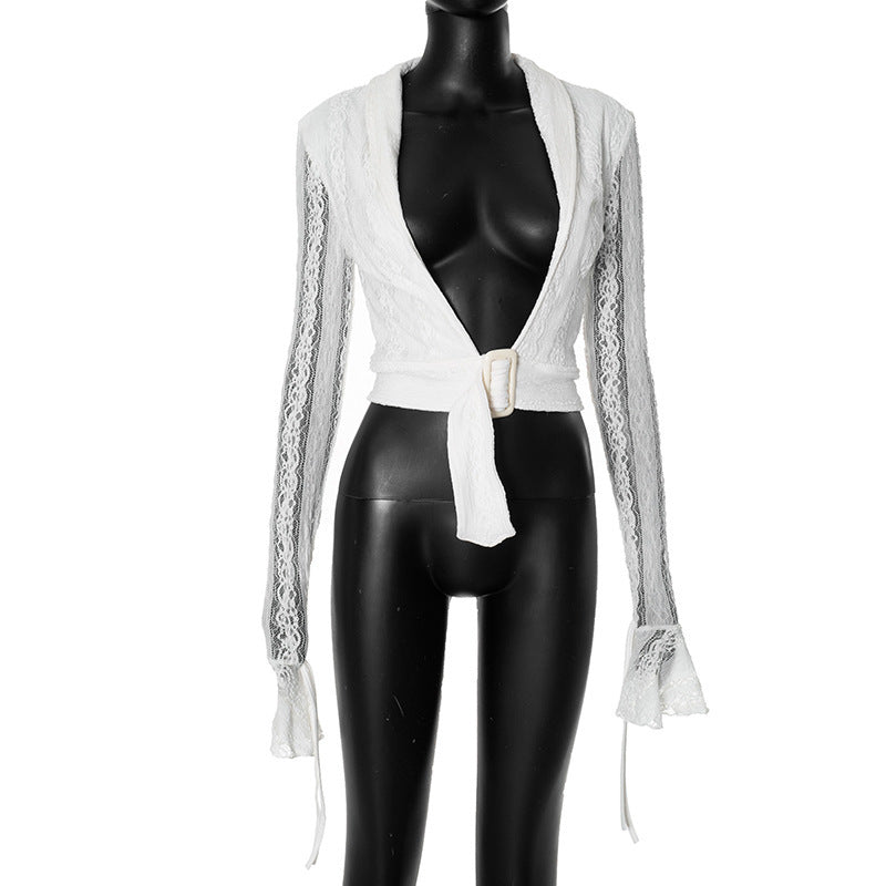White With Low Collar Lace Long Sleeve Top Viralgem Store