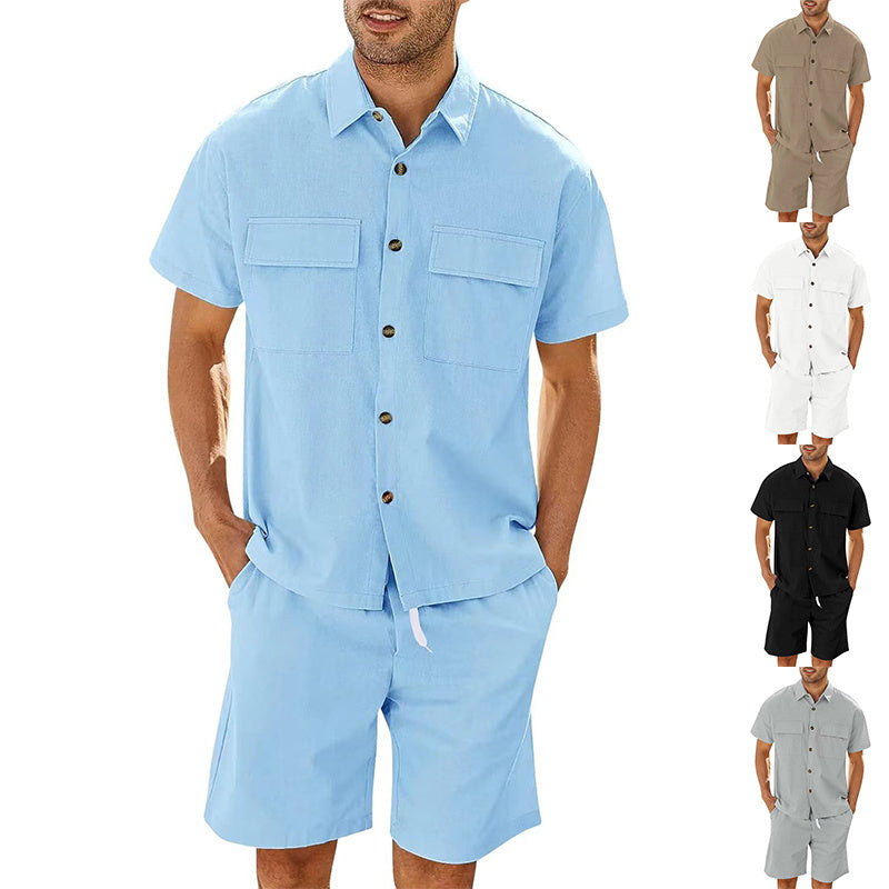 Summer Suits Men Short Sleeve Lapel Pockets Shirt And Drawstring Shorts Sports Fashion Leisure Men's Clothing Viralgem Store
