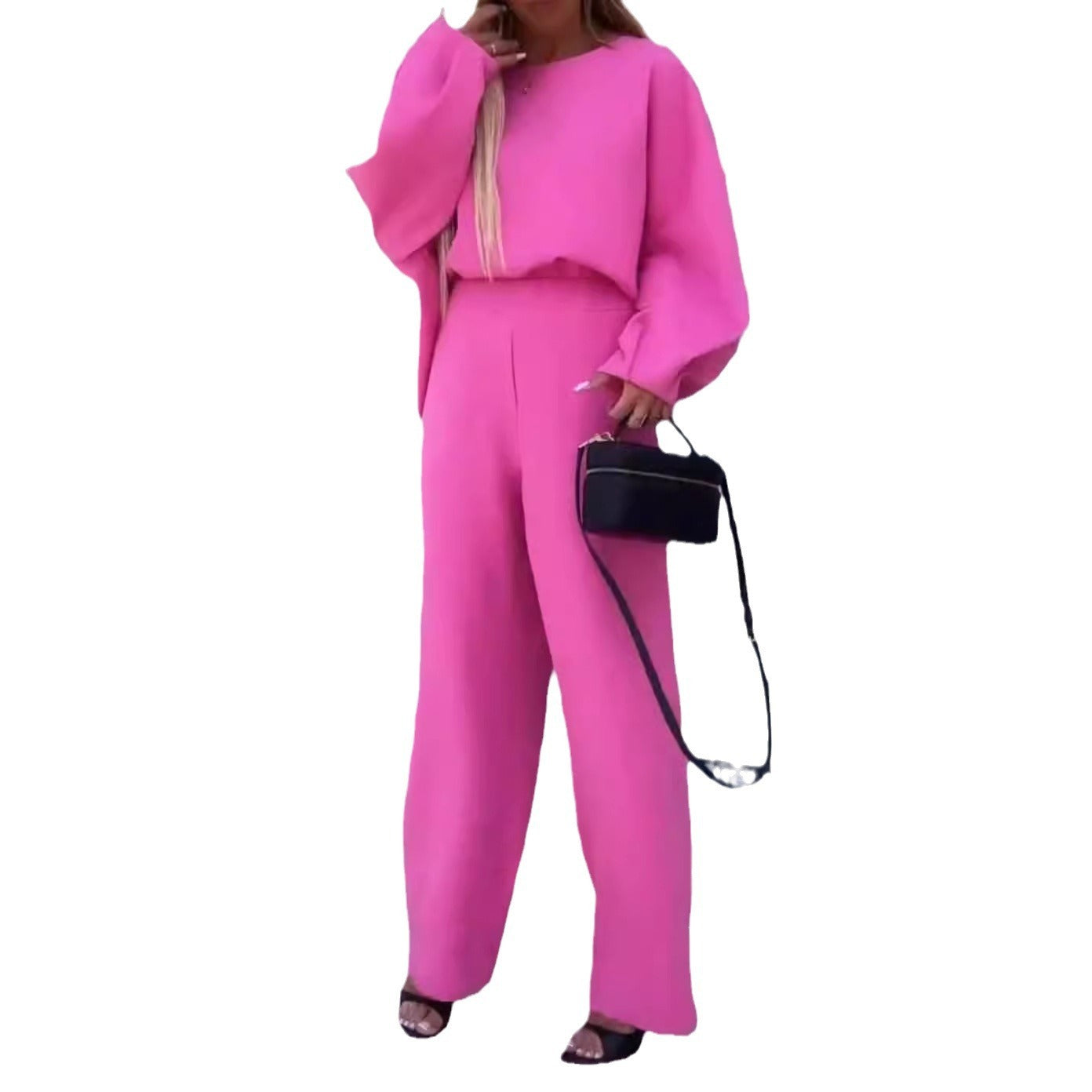 Women's Solid Color Round Neck Long Sleeve Elastic Waist Pants Two-piece Suit Viralgem Store