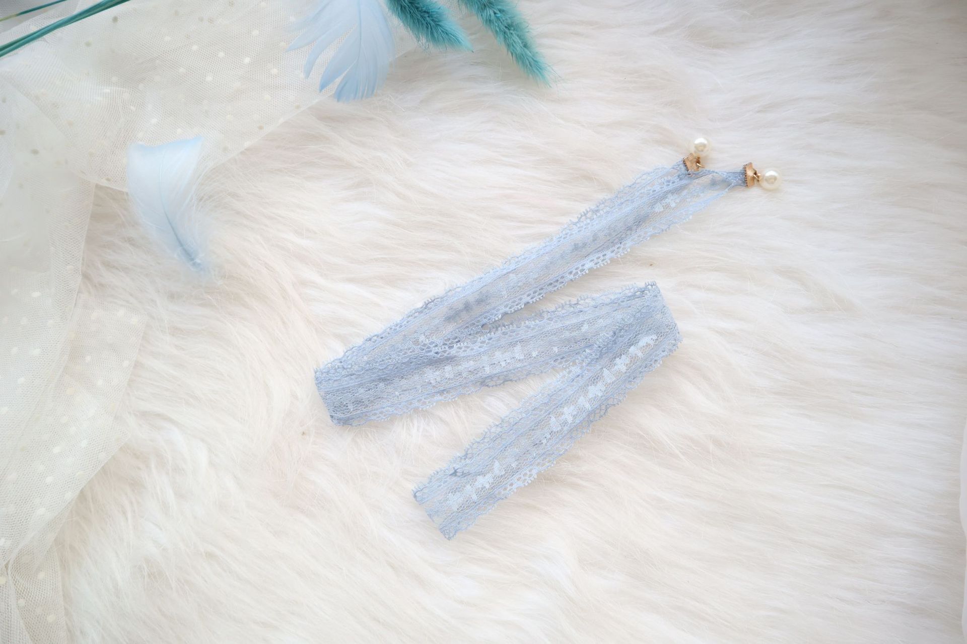 Sweet Accessory Gray Blue Lace Ribbon Pearl Choker Necklace Viralgem Store