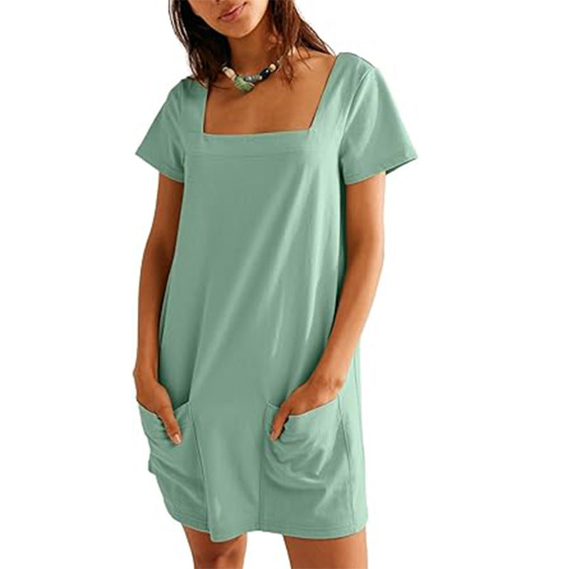 Women's Square Collar Short Sleeve Fashion Pocket Dress