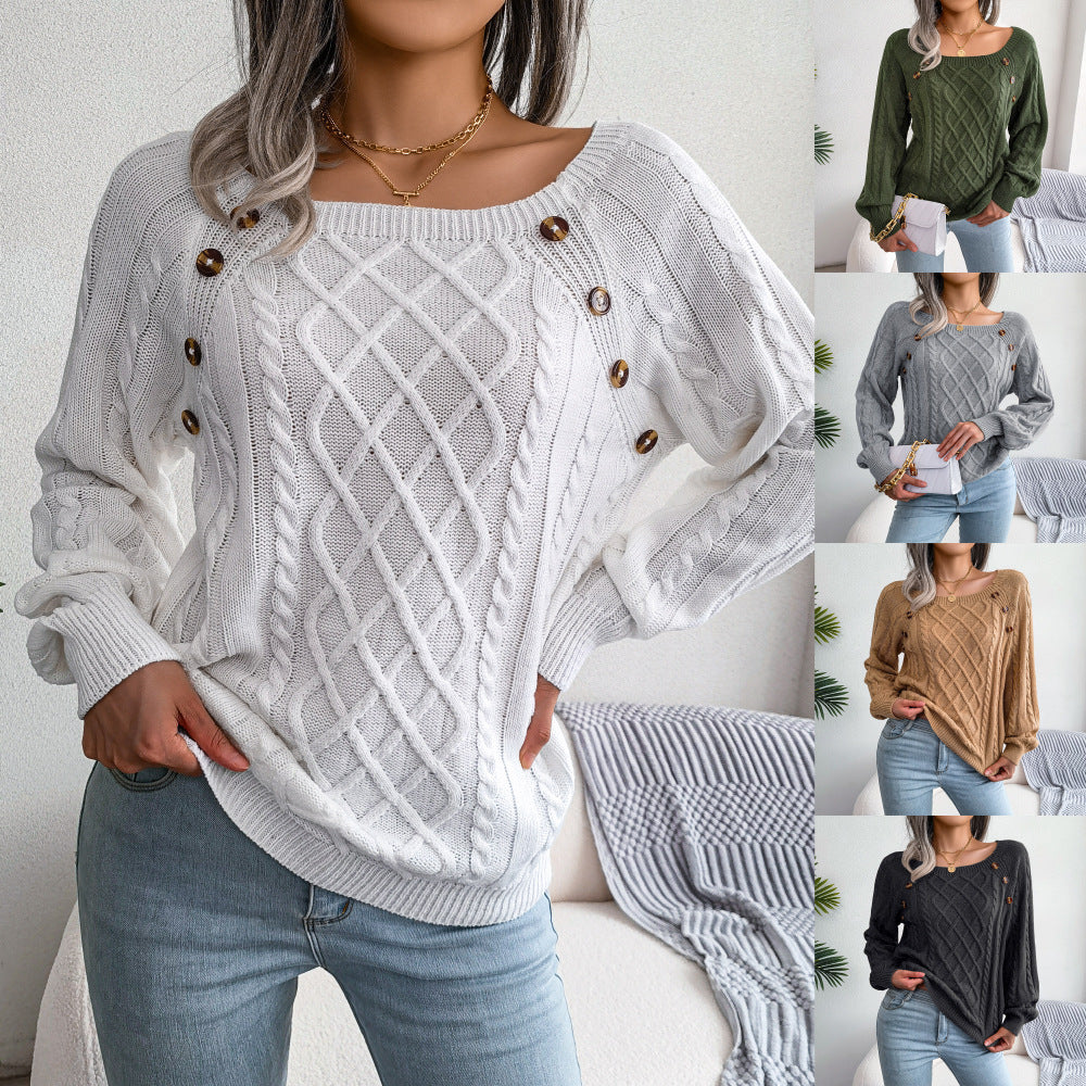 Square Neck Knitted Sweater With Button Design Winter Warm Long Sleeve Tops Women's Clothing Viralgem Store