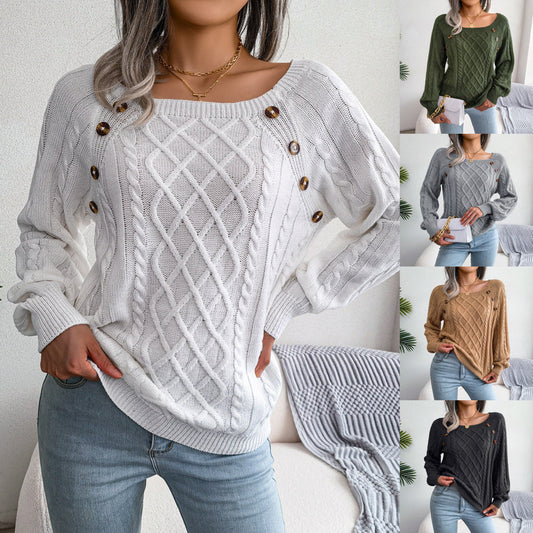 Square Neck Knitted Sweater With Button Design Winter Warm Long Sleeve Tops Women's Clothing Viralgem Store