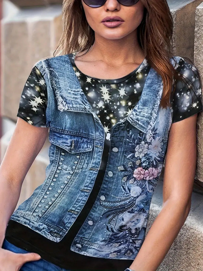 Summer Fake Denim Women's Short Sleeve