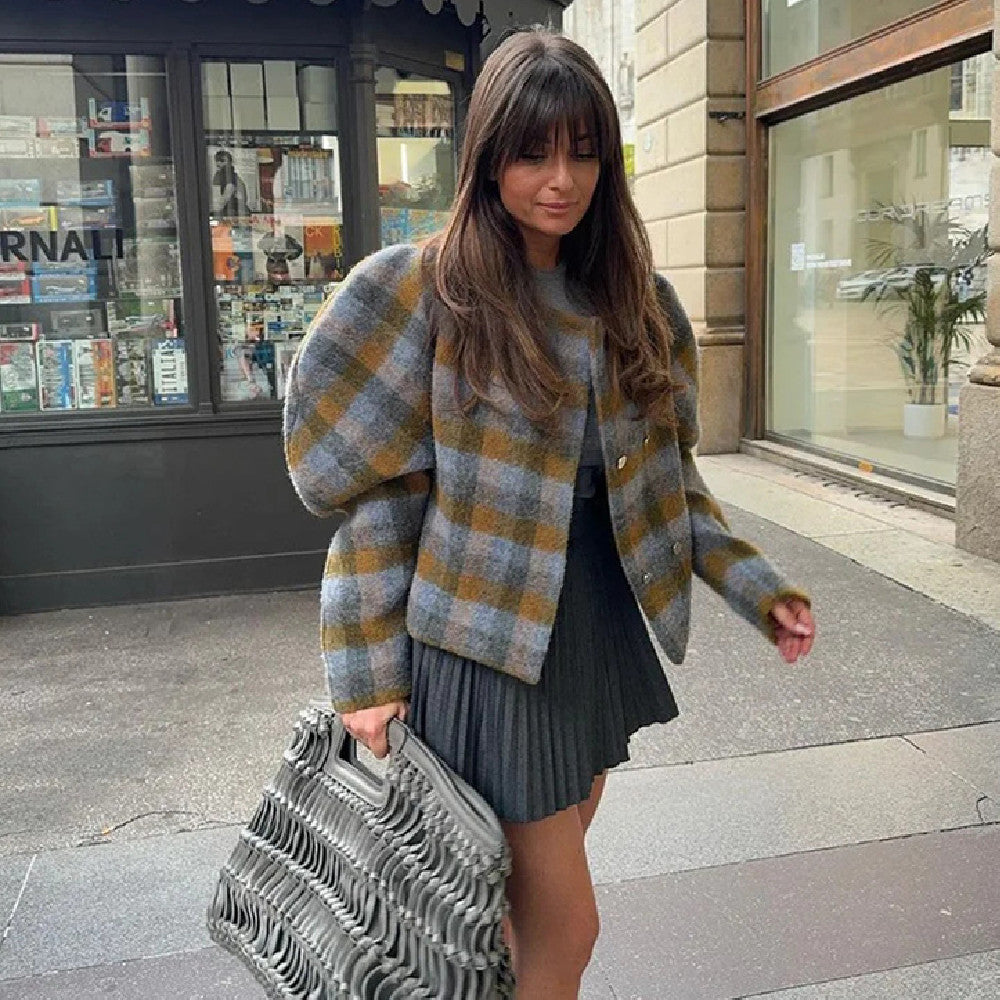 Women's Retro Contrast Color Check Coat Viralgem Store